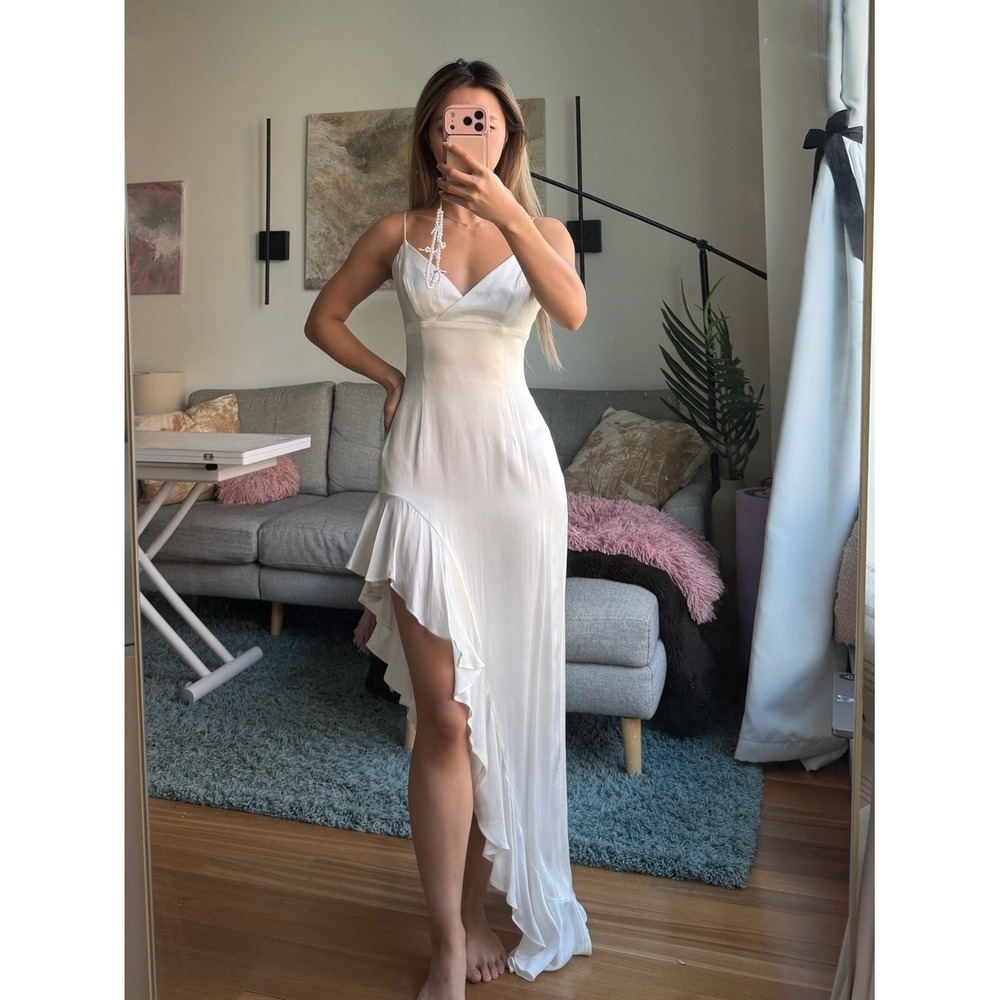 Bardot Ivory Satin Slip Midi Ember Dress NWT Sz M Asymmetrical Ruffle Hem Bridal